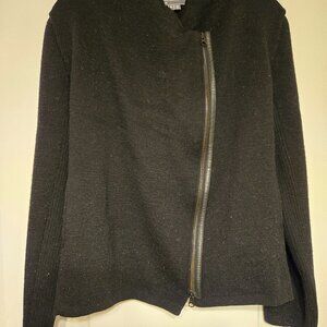 VINCE women's black wool sweater w/leather strip along off center zipper closure